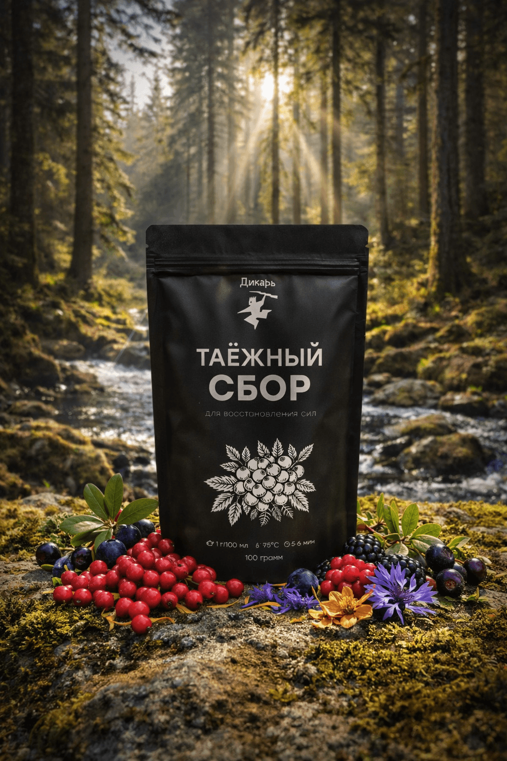 Таёжный сбор Дикарь с ягодами на фоне хвойного леса